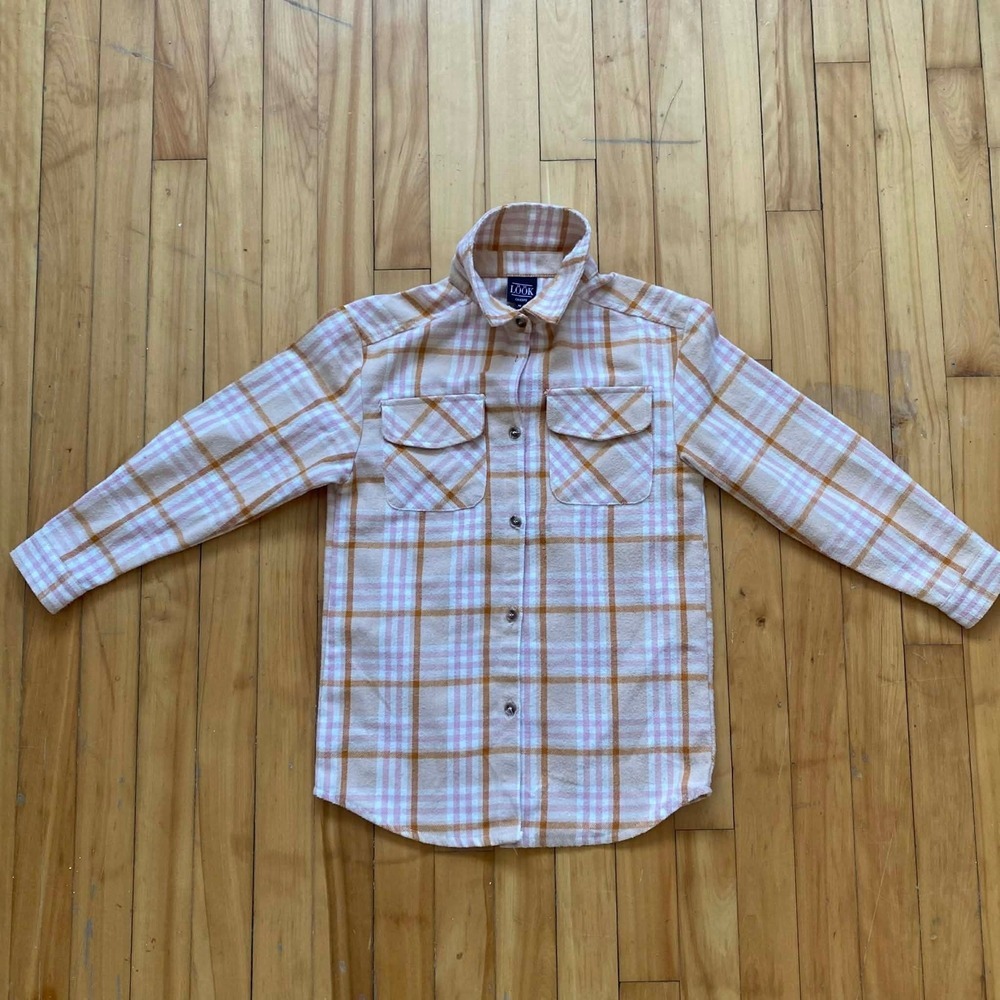 LOOK Plaid Flannel Shirt Long Sleeve Button Up Peach Pink White Women Medium